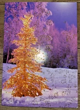 Box of 17 Artworks holiday/ Christmas cards, tree w gold glitter in snow