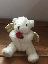 Russ Small Mini Cream Plush Curly Haired Teddy Bear Angel w Red Rose Valentine  s