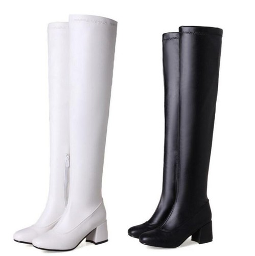 Botas para mujer sobre la rodilla muslo alto elásticas punta redonda superior tacón grueso de bloque