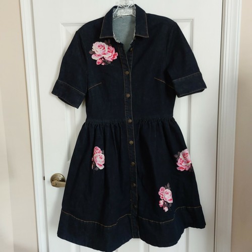 Navy Blue Denim Dress Roses Excellen | eBay