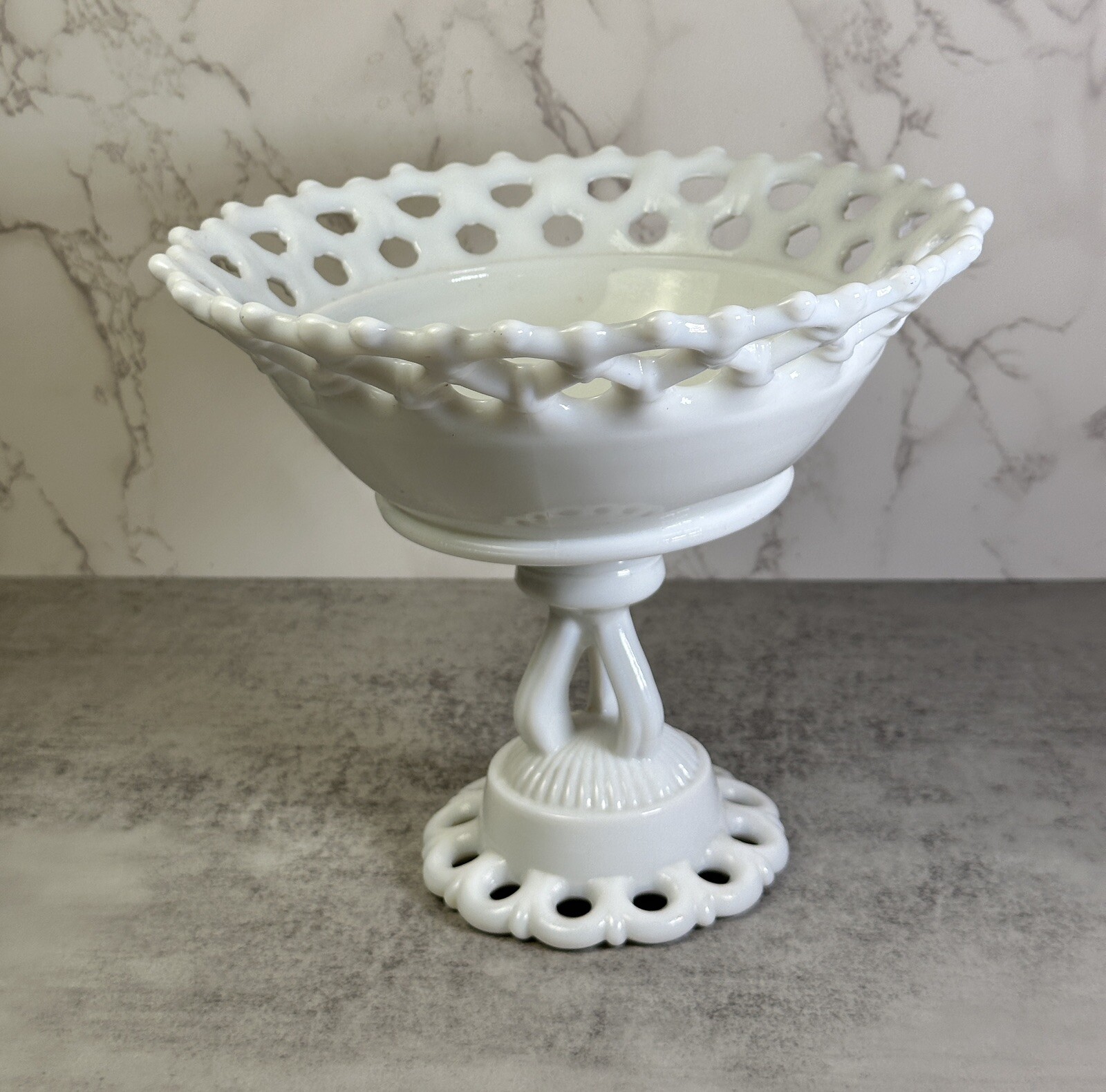 Vintage Westmoreland White Milk Glass Open Lace Pedestal Compote Fruit