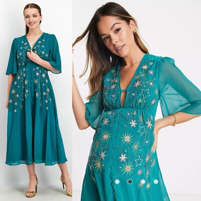 NEW Hope & Ivy Rhea Maternity Embellished Beaded Star Midi Tea Dress (Size  12) | eBay