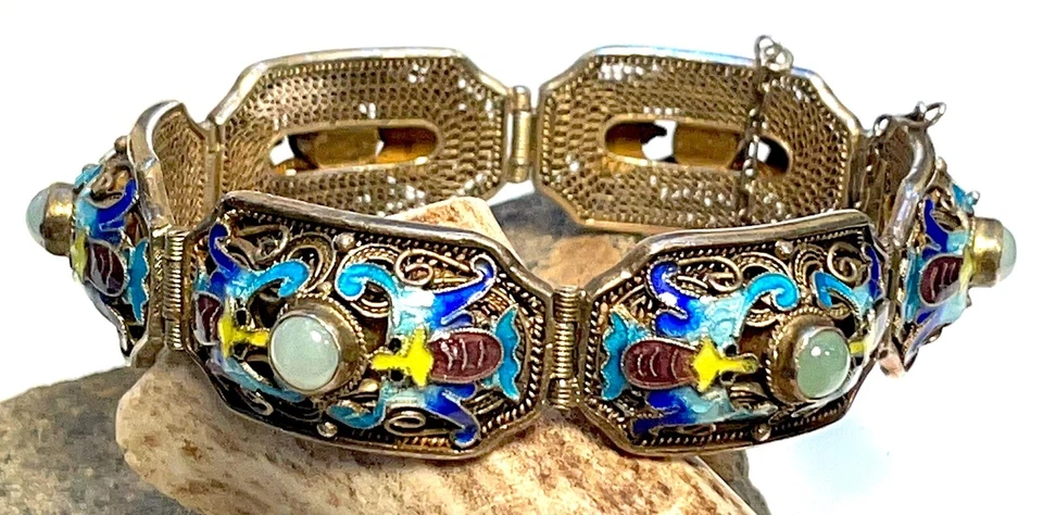 Antiguo Brazalete de Exportación China Jade Plata Filigrana Oro Esmalte Dorado ~ ¡Perfecto! Foto 2 de 4