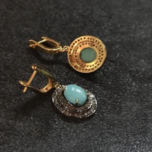 Earring Natural Pave Diamond Turquoise Gemstone 925 Sterling Silver Jewelry Gift - Image 2 of 4