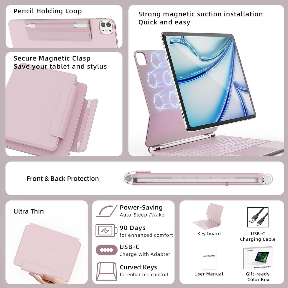 ✨ RAYMCRAFT Magic Keyboard Case for iPad Air 13" & Pro 12.9" - Pink✨ - Image 3 of 4