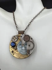 Artisan Made Vintage Clock Pendant, Steam Punk Vibe, Moon Face Necklace, 18”