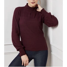 NWT Talbots Jacquard Knit Smocked Mock Neck Long Sleeve Burgundy Sweater Top XS