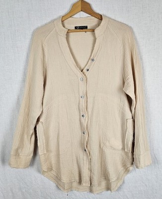 Womens Gauzy Beige V-neck Button Down Pockets Raw Hems Oversized Small Coastal
