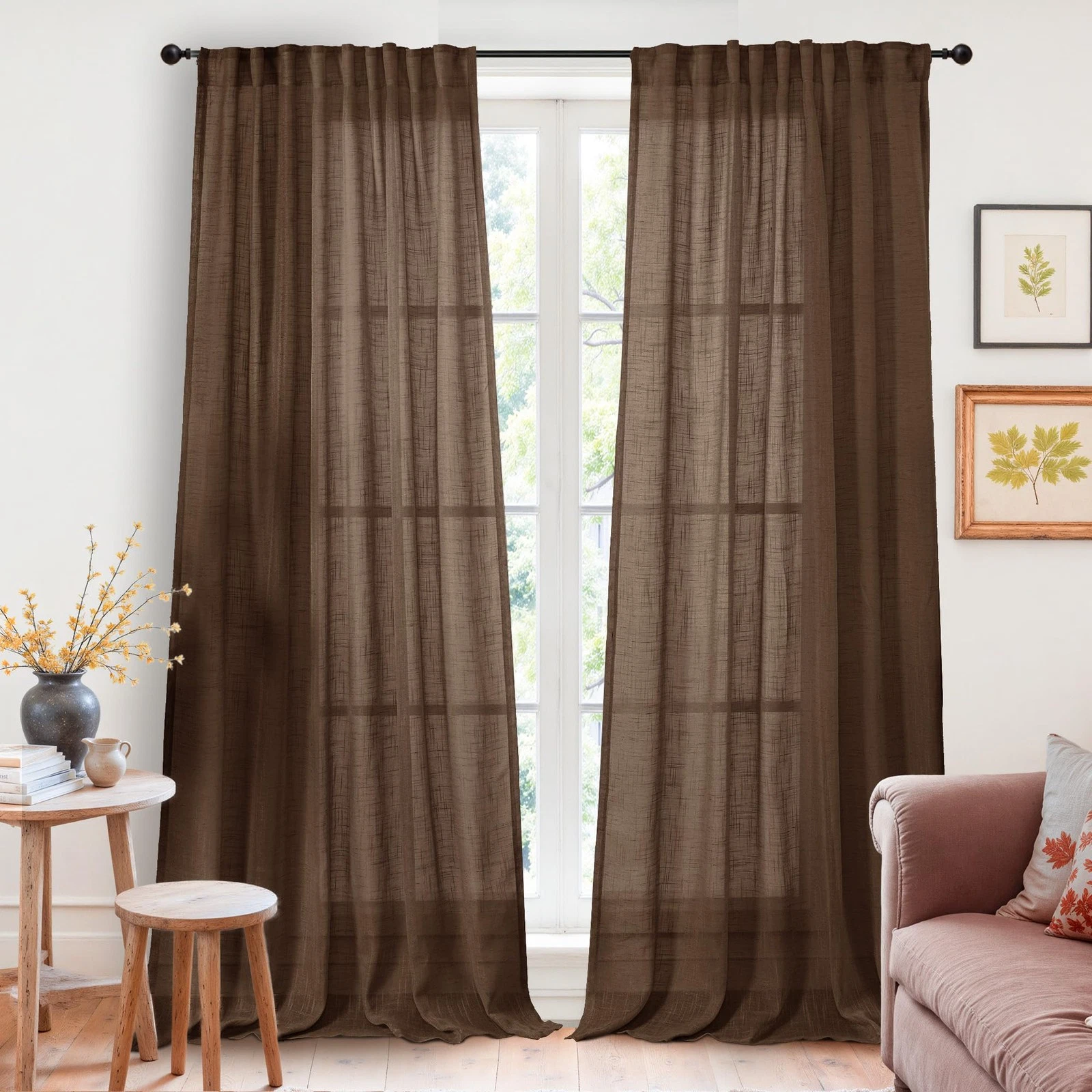 Brown Linen Curtains 84 Inch Length for Living Room - Chocolate Light Filteri...
