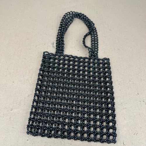 Vintage Women's Black Beaded Tote Bag Open Mesh Net Top Handle Purse Retro Boho