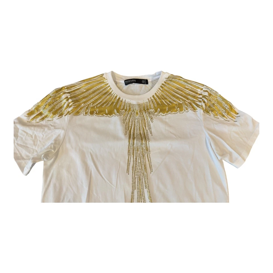 Hudson Outerwear T-Shirt M White Gold Rhinestone Wing Graphic Streetwear Tee - Image 2 of 4