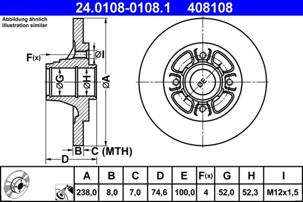 2X ATE Bremsscheibe 24.0108-0108.1 FüR Renault Clio Megane BA0 19 M12X1,5 1 2-image