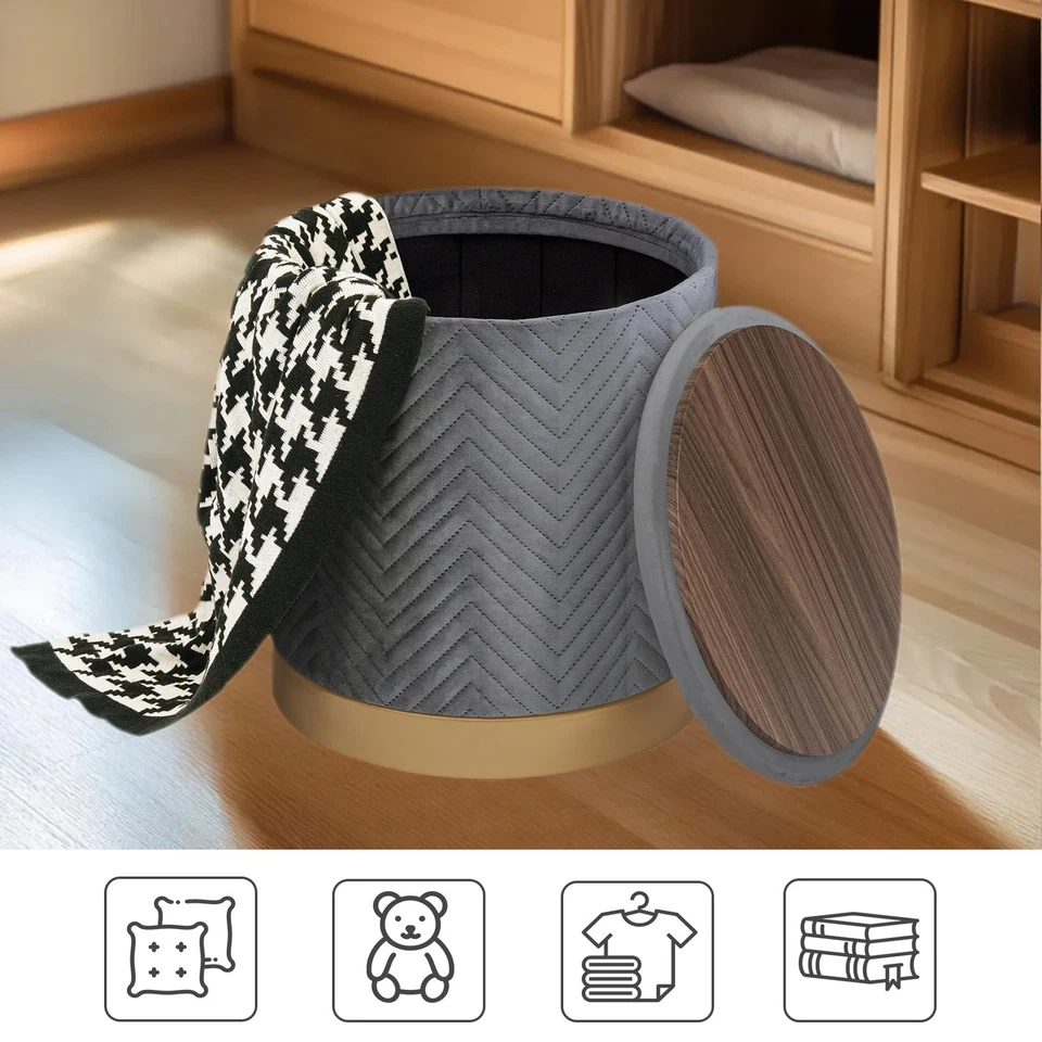 Otomana Redonda con Almacenamiento - Elegante Reposapiés con Patas Doradas, Perfecto como Co... Foto 4 de 4