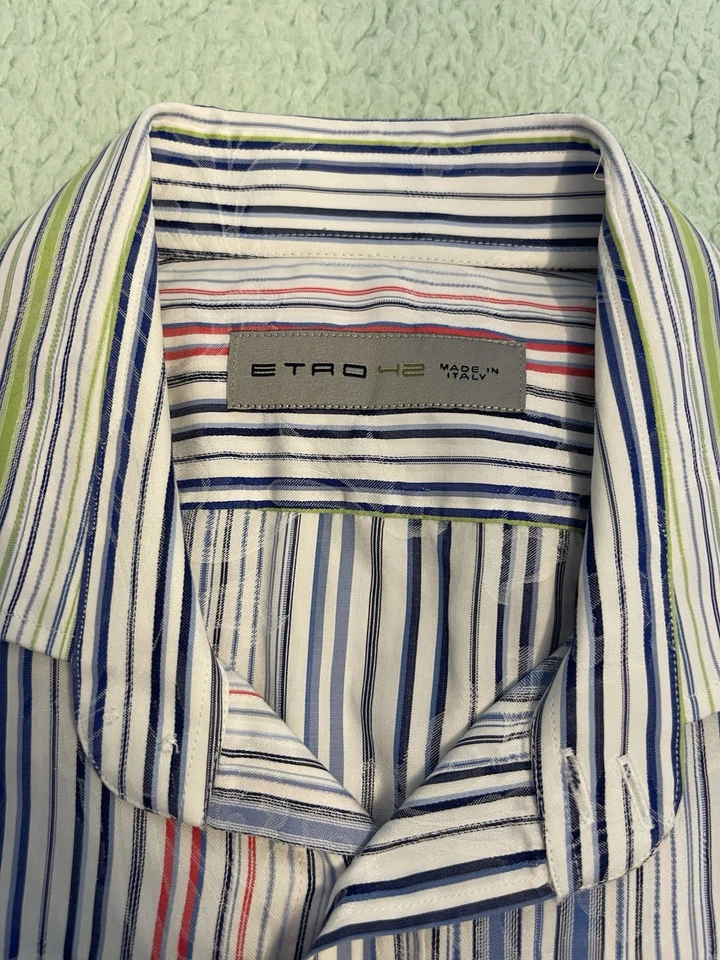 Camisa social Etro masculina casual tamanho 42 listra multicolorida feita na Itália - Imagem 2 de 4