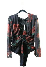 (boohoo) - Plunging neckline black floral bodysuit ,NEW with tags - long sleeves
