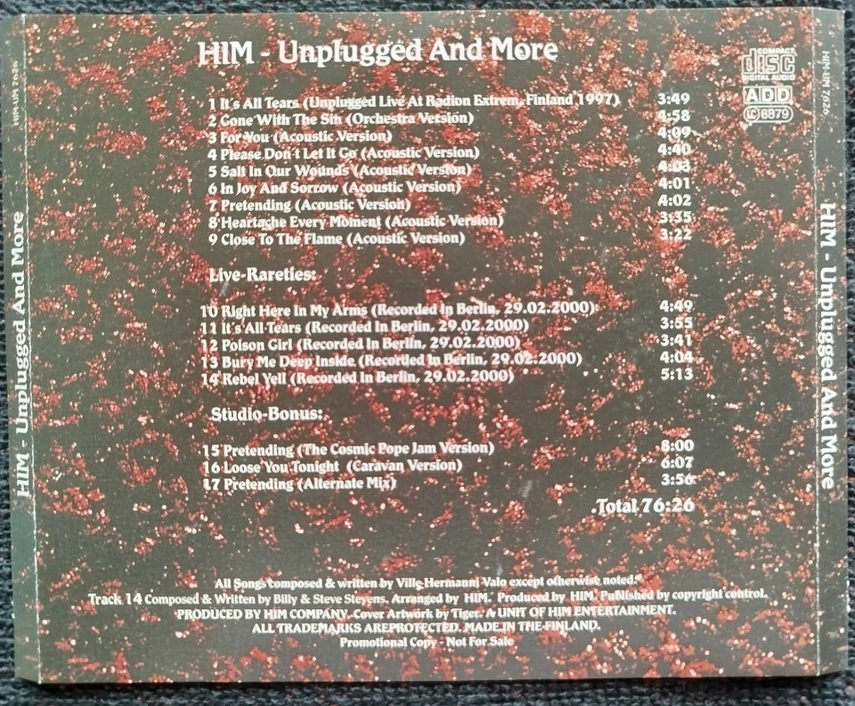 HIM " UNPLUGGED AND MORE " RARE LIVE PROMO CD 2001 - Image 2 of 2