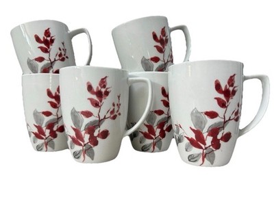 Corelle Coordinates Porcelain Red Grey Kyoto Leaves Coffee Tea Mug Cup SET OF 6