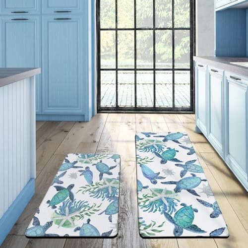 Coastal Beach Kitchen Rugs Mats Set of 2 Cushioned Anti Fatigue Kitchen Floor