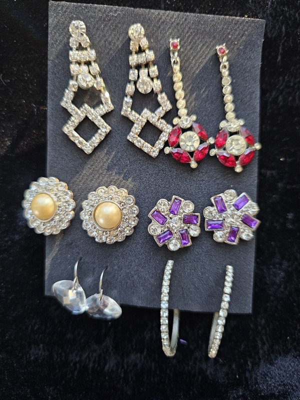 6 Pairs Pierced Earrings Rhinestones Faux Pearl Mcm Glam Cluster Dangle Vtg Lot