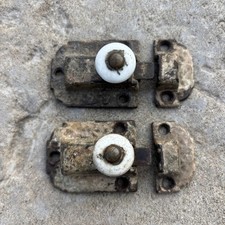 2 Antique Wrought Iron cabinet spring Latch catches ornate porcelain knob Vtg