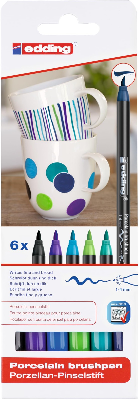 Porcelain Brush Pens Set - 6 Colors, Dishwasher-Safe, 1-4 mm