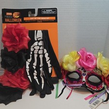 Day Of The Dead Halloween Set Light Up Headband, Gloves Glow in The Dark W/MASK