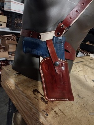 Chest holster to allow most medium pistols fit.