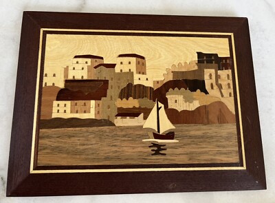 Hand Inlaid Wood Costal Town Scene. Made In Italy. Wall Hanging 9  x 7 