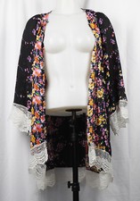 Black Floral 3/4 Sleeve Polyester Chiffon Open-Front Kimono with Lace Trim L