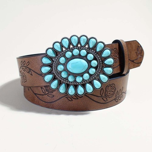 Men Women Western Cowboy PU Belts Vintage horse Belt Floral Engraved Buckle Belt - Picture 11 of 12