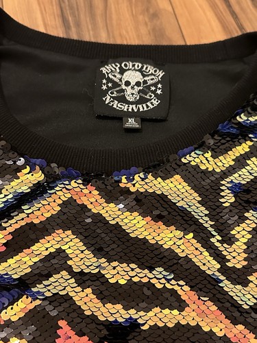 ANY OLD IRON NASHVILLE WOMENS TOP SIZE XL SHIRT CREW NECK ZEBRA RAINBOW SEQUINS - 第 3/8 張圖片