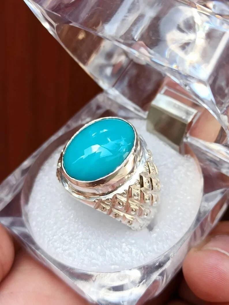 Mens Feroza Ring Sterling Silver 925 Turquoise Ring Nishapuri