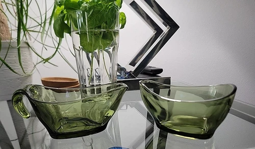 Vintage Anchor Hocking Coffee Tea Cream & Sugar Set Avocado Green Glass MCM