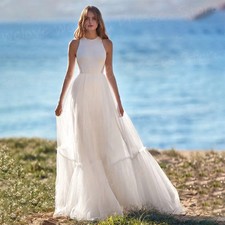 Beach A Line Wedding Dresses Halter Neck Tulle Bride Gowns Sleeveless Backless