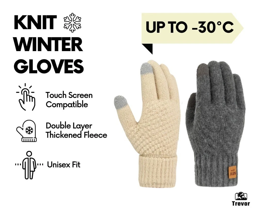 TREVOR Knit Winter Gloves – Wool Fleece Unisex Warm Thick Touch Screen Autumn