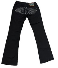 Vtg Y2K Akademiks Women  s Jeans 30x32 Rhinestone Low Rise Logo Art Black Teal