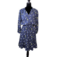 LOFT Floral Knee Length Dress Split Neck Ruffle Long Sleeve Elastic Waist Size S