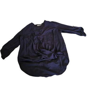 Lush Women s Small Navy Blue V Neck Blouse Roll Tab Sleeve High Low Top
