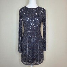 Gianni Bini Gray Sequin Beaded Geometric Mesh Mini Dress Long Sleeve Size 4