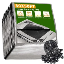 30x50 Ft Waterproof Poly Tarp with 25 Ball Bungees Protect Cover 10mil Tarpaulin