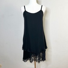 Alice + Olivia Dress 100% Silk Black Lace Trim Asymmetrical Mini Slip Size XS