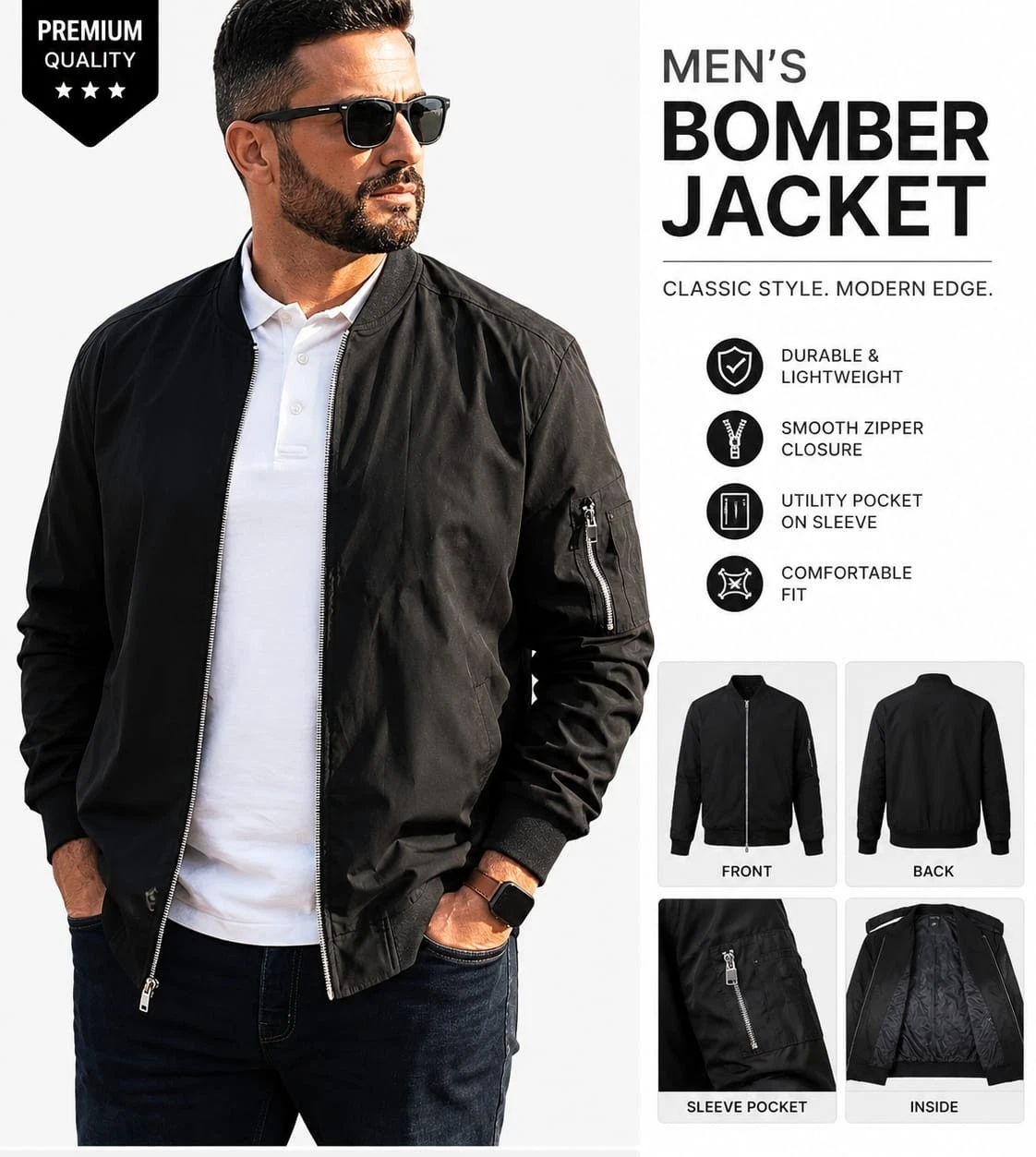 Men Bomber Windbreaker Jacket Lightweight Water Resistant Varsity Flight Jacket