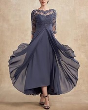 Slate Blue Chiffon Mother Of The Bride Dress Tea Length Three Quarter Sleeve