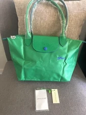 Longcamp Le Pliage Med Size Shoulder Tote Bag Club in Green Canvas with leather