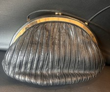 Vintage Judith Leiber Black Leather Pleated Clutch Purse w/ Strap Gold Hardware