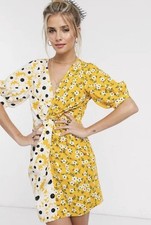 ASOS Floral Twist Front Mini Dress Yellow Daisy Puff Sleeve Cotton Size 14 G