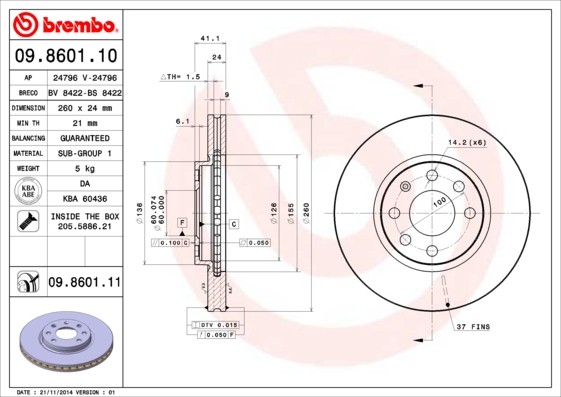 Disque de frein BREMBO 09.8601.11 pour éliminer les vibrations au freinage sur Opel Vauxhall