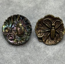 2 Vintage BEETLE INSECT BUTTONS Iridescent Carnival Luster Black Glass & Brass
