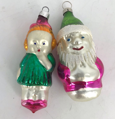 Vtg Pink Green Figural Mercury Glass Ornaments Czech Gnome & W Germany Girl