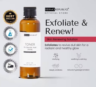 1 Bottle Dermorepubliq 7% Glycolic Acid (AHA) Skin Renewing Toner 100 ml